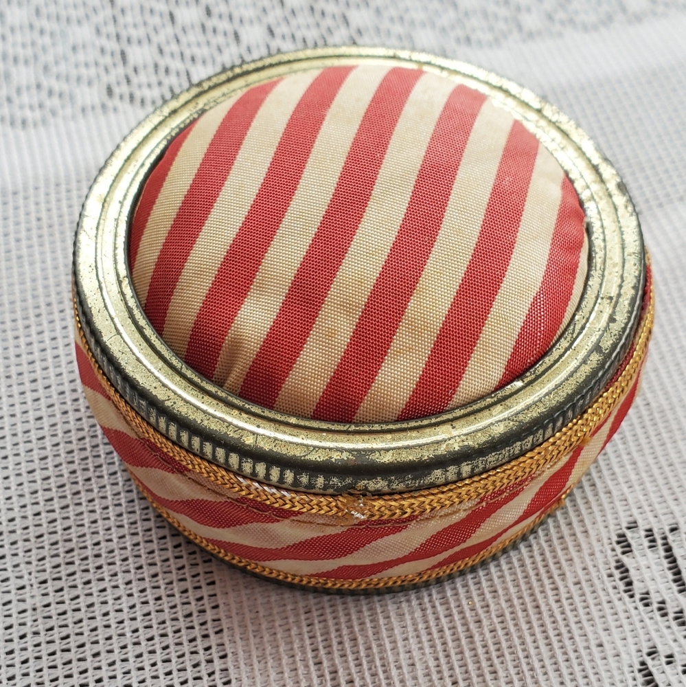 Vintage Ball Canning Jar Lid Pin Cushion Handmade Red White Stripe Dual Sided